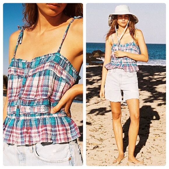 🅢🅐🅛🅔 NWTS ! Free People Henrietta Plaid Tube Crop Top Blue - Picture 1 of 11